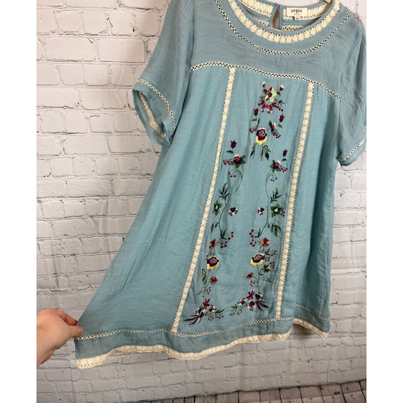 UMGEE light blue boho embroidered lace trim A-line short sleeve dress size L - Picture 6 of 9